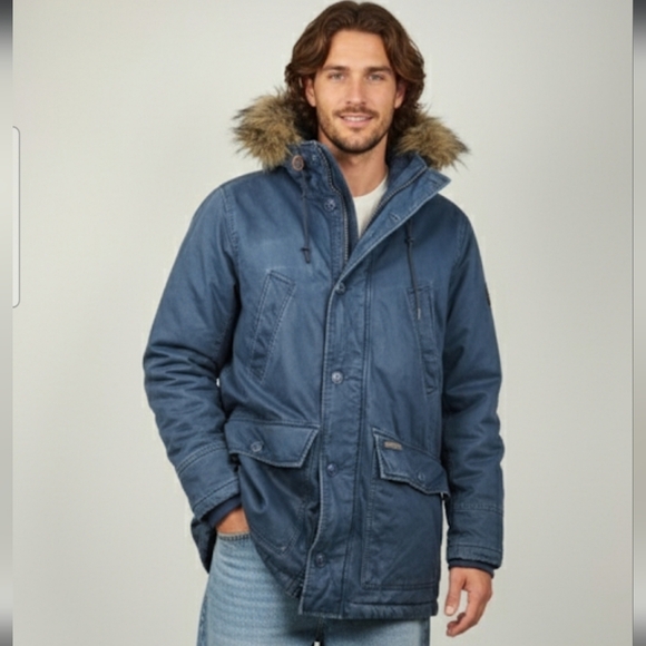 Abercrombie & Fitch VTG Y2K 2000s Men's Blue Parka Jacket Faux Fur Hood Size M - Picture 1 of 16